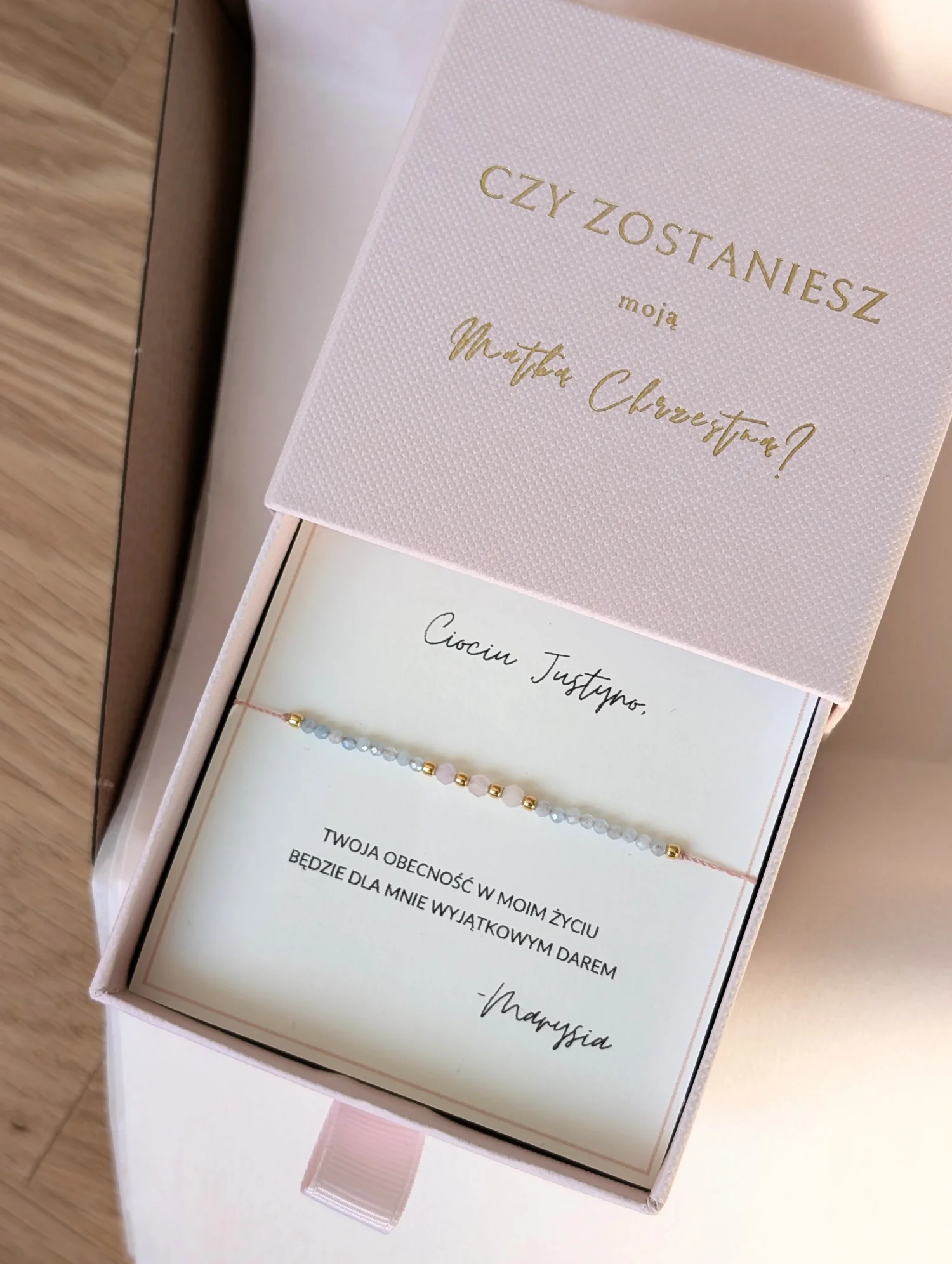  Bransoletka Czy zostaniesz moją Matką Chrzestną? z akwamarynem i kamieniem księżycowym