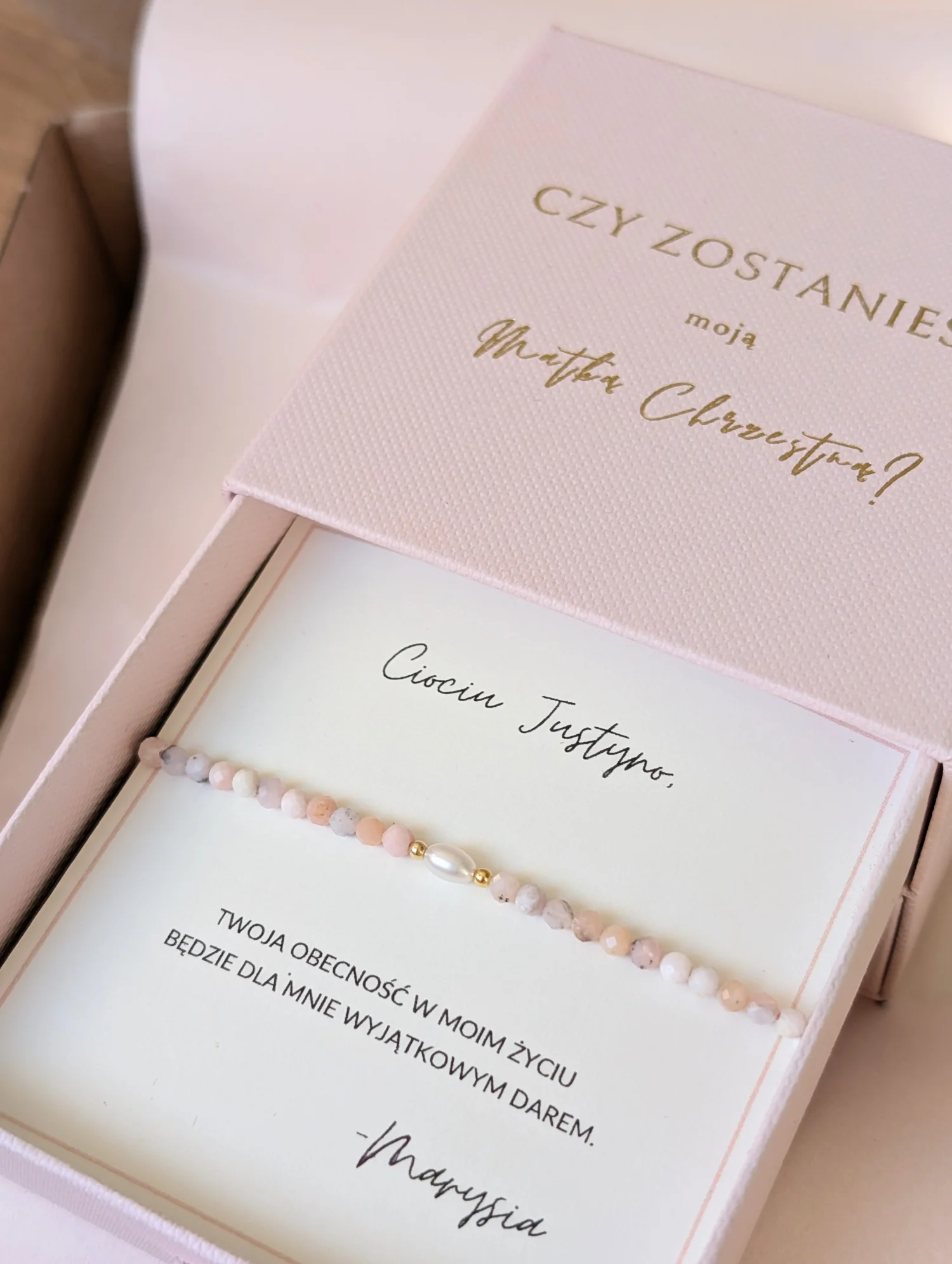 Bransoletka Czy zostaniesz moją Matką Chrzestną z opalem i perłą