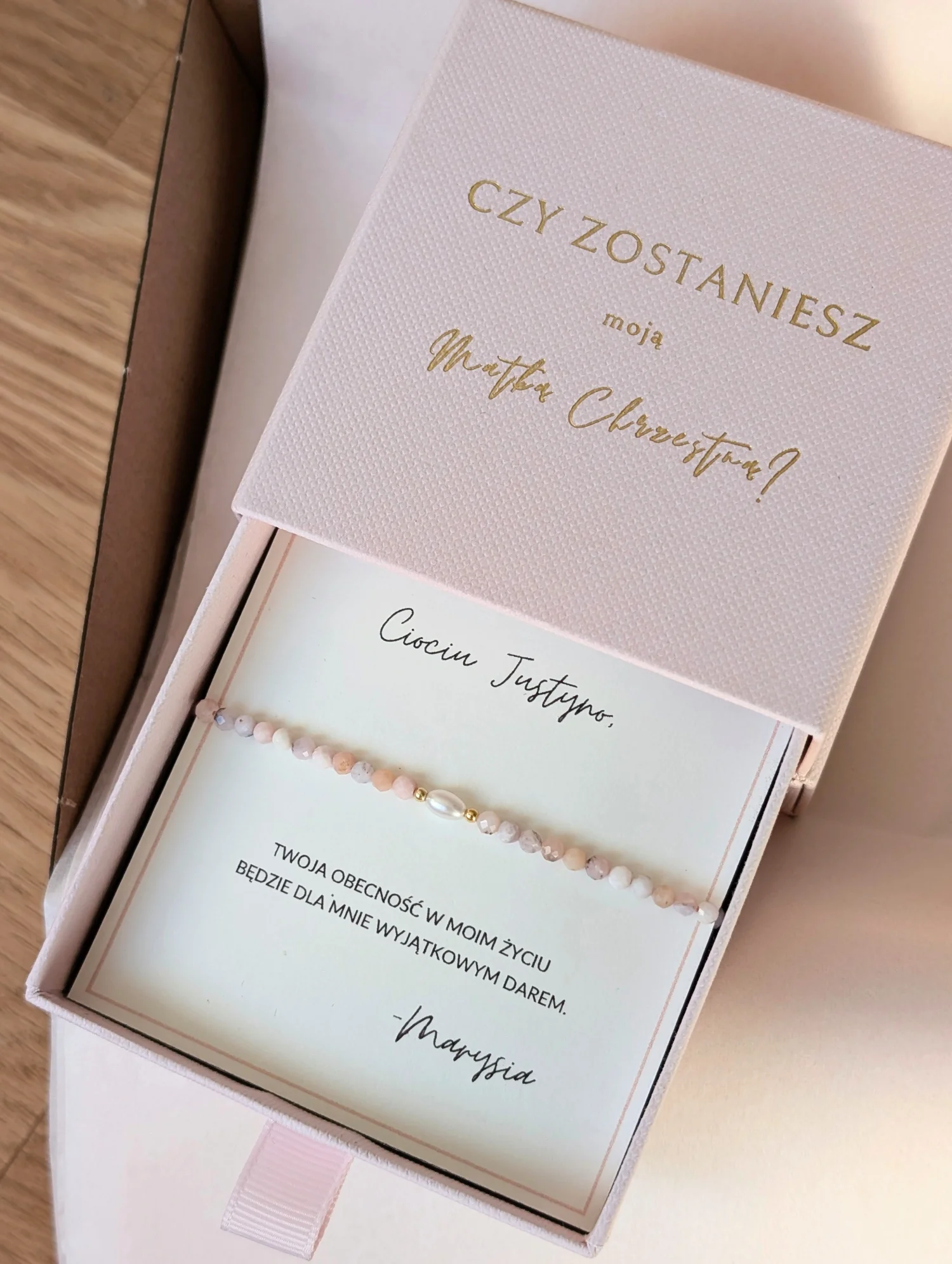 Bransoletka Czy zostaniesz moją Matką Chrzestną z opalem i perłą