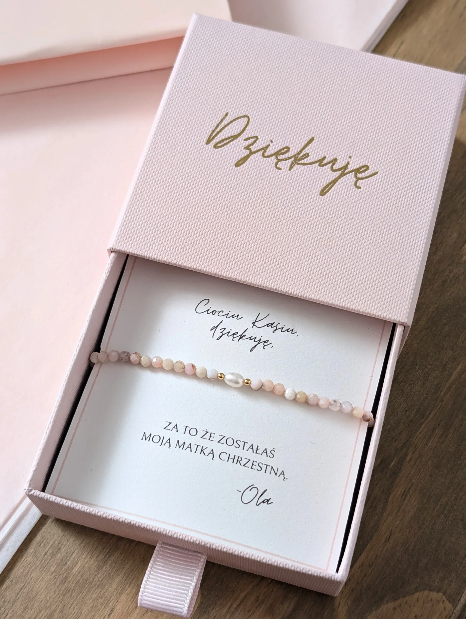 Bransoletka Dziękuję dla Chrzestnej z opalem i perłą