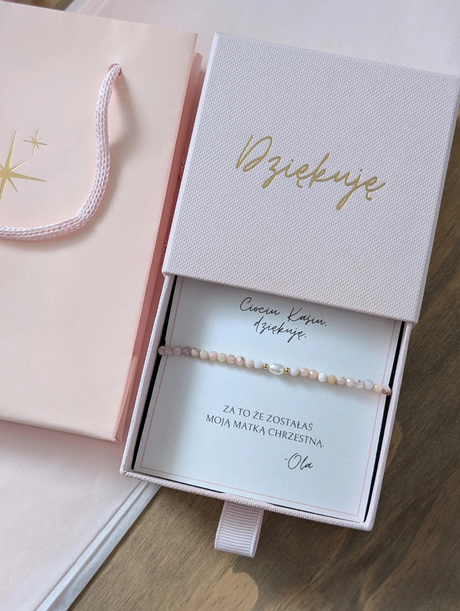 Bransoletka Dziękuję dla Chrzestnej z opalem i perłą