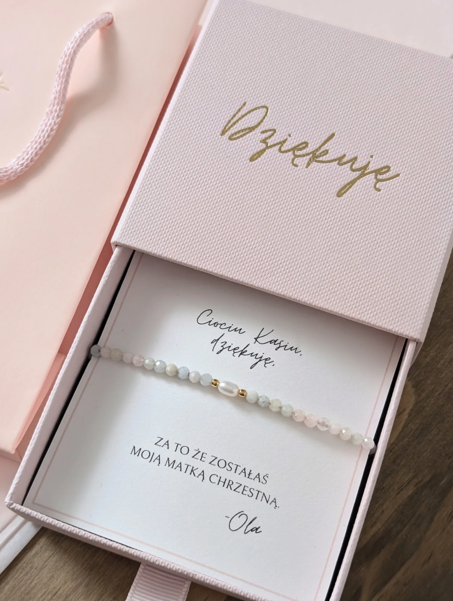 Bransoletka Dziękuję dla Chrzestnej z morganitem i perłą