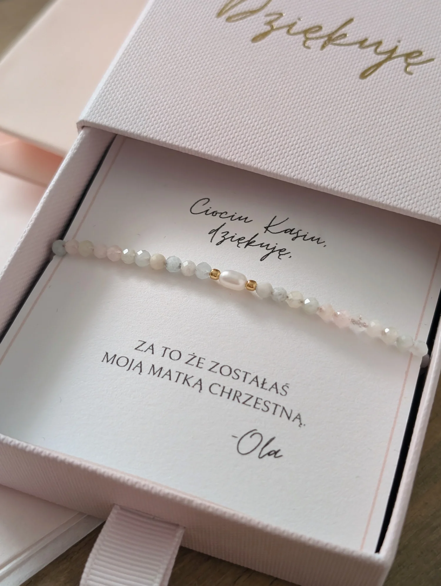 Bransoletka Dziękuję dla Chrzestnej z morganitem i perłą